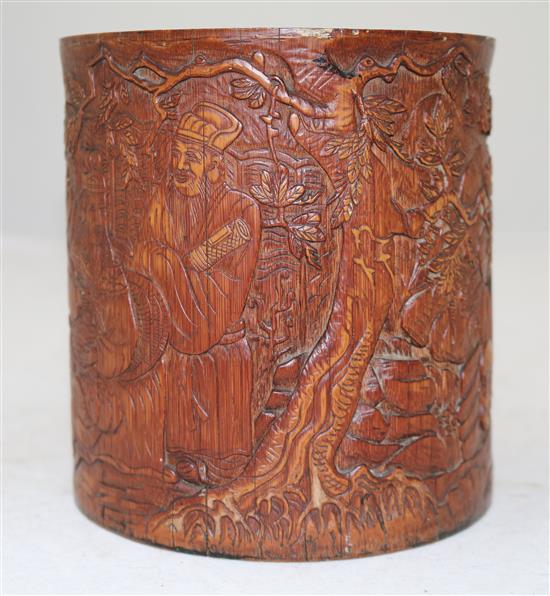 A Chinese bamboo brush pot, Bitong, 19th century, height 13.5cm, base panel lacking, age cracks